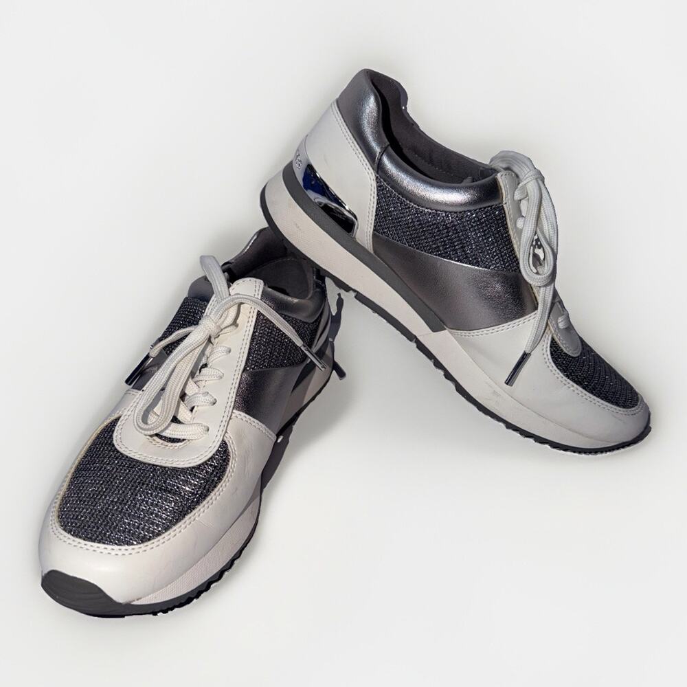 MICHAEL KORS Allie Wrap Sneakers White Metallic Silver Glitter Mesh Size 7